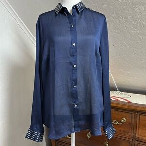 New York &‎ Company Semi Sheer Navy Blouse Silver Embellishment size Large